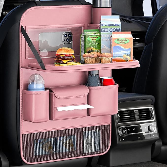 2 Pack Leather Car Backseat Organizer with Foldable Table Tray, Universal Car Seat Back Protector Kick Mat with Touchscreen Tablet Holder, Storage Pockets, Cup Holders & Tissue Holder, Pink