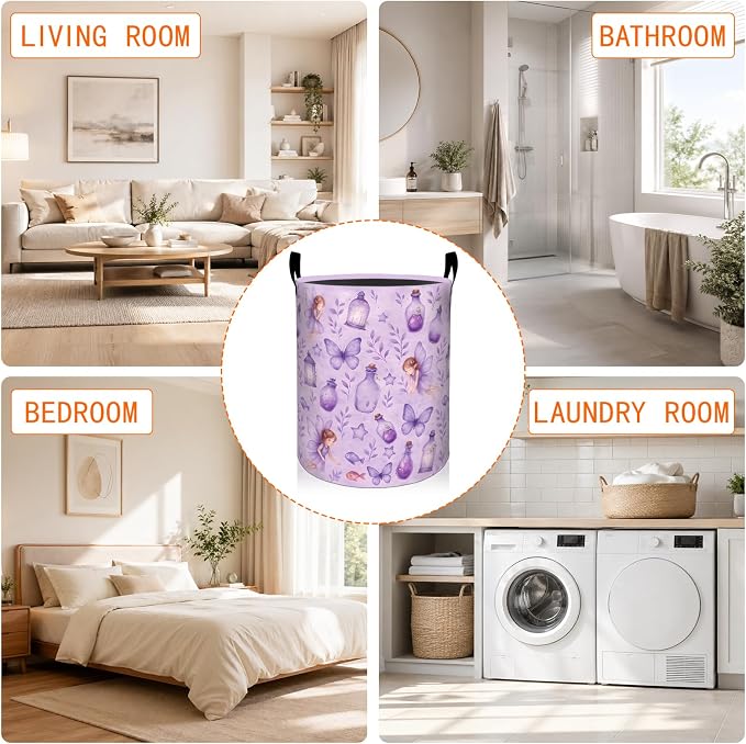 Fairy Laundry Basket, Cute Angel and Purple Butterfly Oxford Cloth Dirty Clothes Collapsible Hamper for Room Decor, Fantasy Gifts, Toy Organizer 19.7 x 15.7 Inches for Bedroom Bathroom Dorm