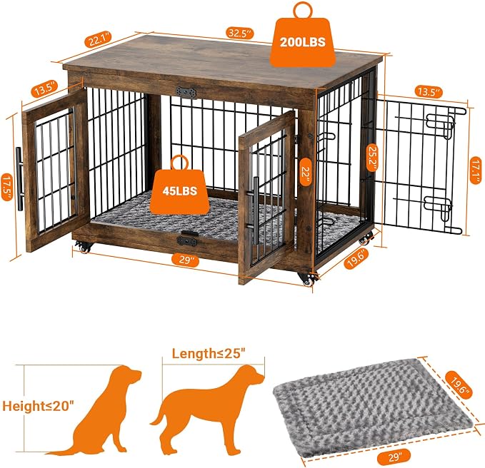YaFiti Dog Crate Furniture, 32.5” Wooden Dog Kennel, 2 Pack, Rustic Brown | Cushion, Wheels, Double Doors, Furniture Style, Side End Table, Decorative Pet Cage House, Up to 45 lb, for Small/Medium Dogs