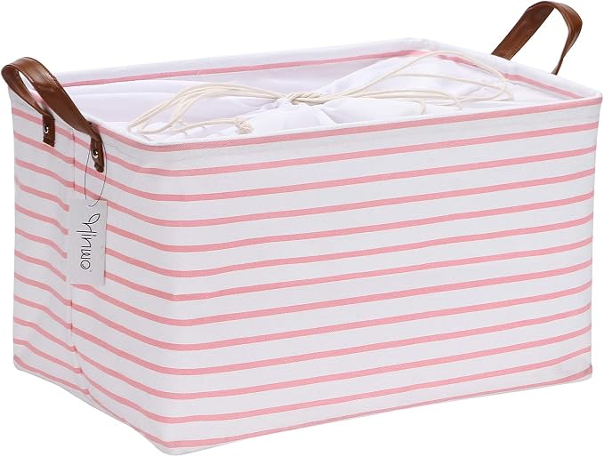 Hinwo 31L Large Canvas Storage Bin with Lid and Handles | Collapsible Fabric Basket, Closet Shelf Organizer, Container for Clothing, Blankets, Toys, Bedding (Pink Stripe)