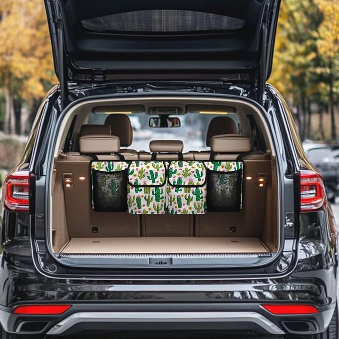 Dreaweet Green Cactus Print Trunk Organizer for Car Collapsible Car Organizers and Storage with 4 Pockets Hanging Back Seat Organizer Car Storage Accessories Interior for Women