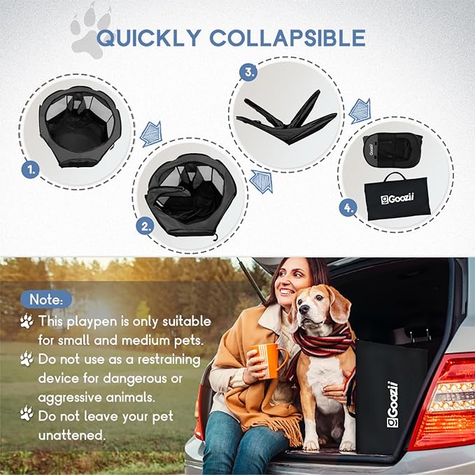 Goozii Portable Dog Playpen for Large Dogs, Collapsible Puppy Pet Cat Playpen with Zipper Top Cover (Large Size, Grey-Black)