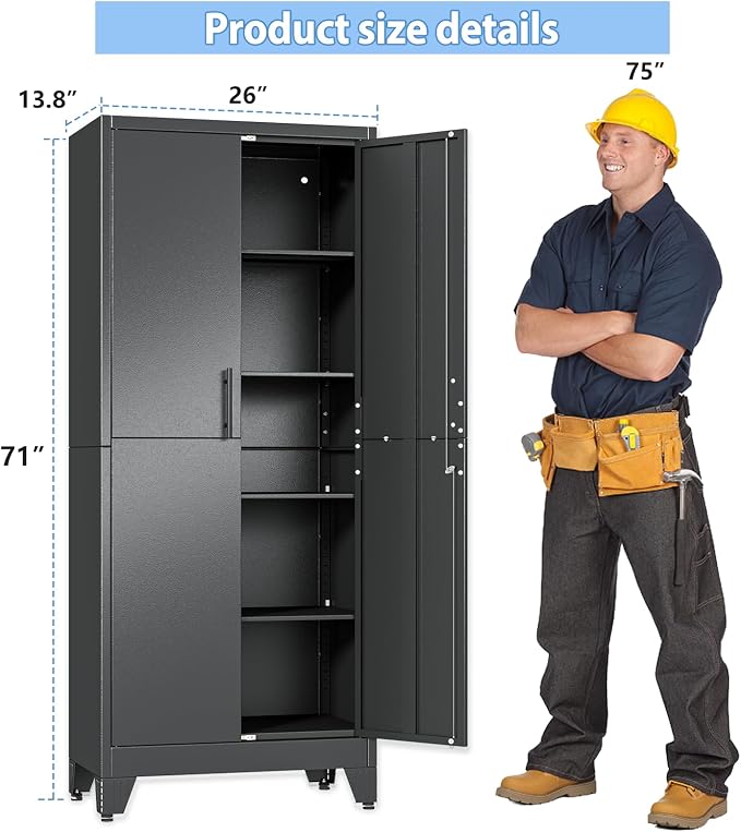 Tall Metal Storage Cabinet with Lock, 4 Adjustable Shelves, Steel Cabinet | Heavy-duty steel cabinet with lockable storage, adjustable shelves, adjustable feet for indoor use