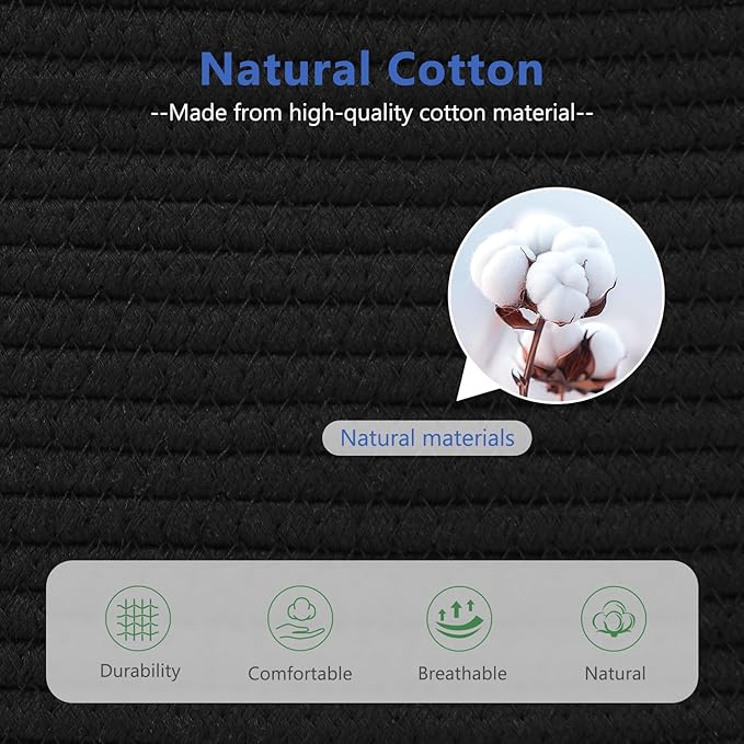 ECDYQXVU 15x10x9 Black Woven Cotton Rope Storage Basket Handles 1 Pack | Foldable Design, Leather Handles, Easy to Clean Organizer for Living Room, Closet, Shelves, Bedroom, Laundry, Clothes