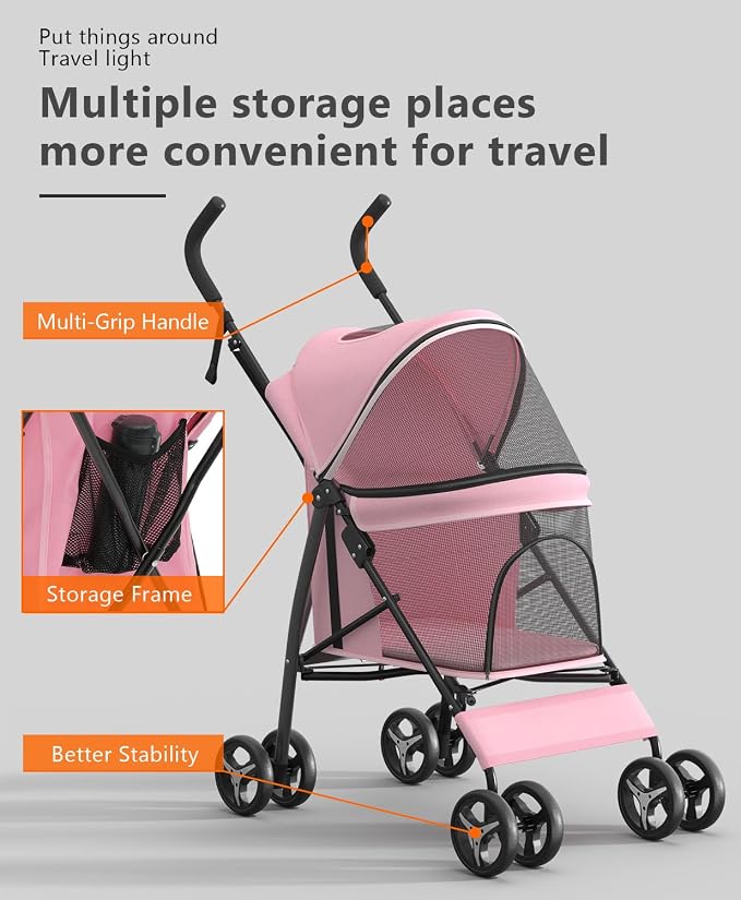 OS MOTOR 4 Wheels Pet Stroller for Small Medium Pets, Pink | Foldable Carrier Jogger, Rear Wheel Breaks, Storage Basket, Visible Mesh Weather Cover, Portable, Dog, Cat, Puppy, Kitty