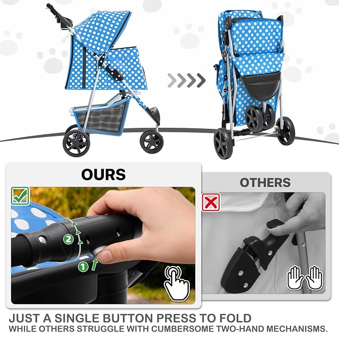 MoNiBloom Pet Stroller for Small/Medium Dogs and Cats, Sky Blue | Foldable Dog Stroller 3 Wheels Pet Strolling Cart w/ Storage Basket Cup Holder, Breathable and Visible Mesh for All-Season
