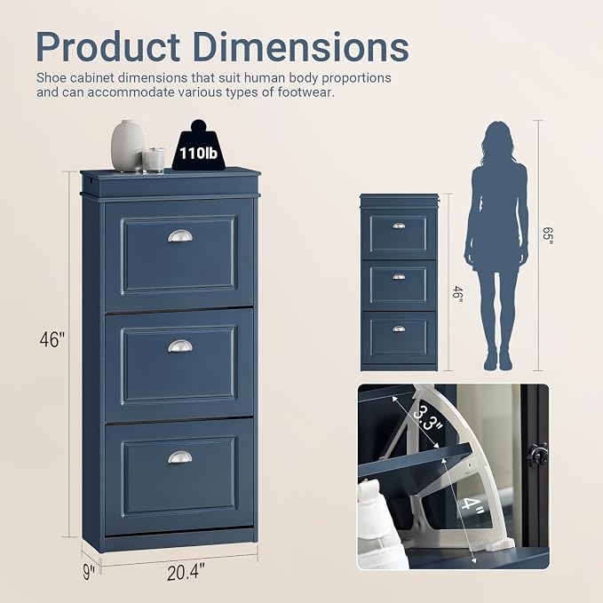Haotian Shoe Cabinet with 3 Flip Drawers | Freestanding Shoe Rack for Entryway, Shoe Organizer with Hidden Drawer, Navy Blue, FSR94-B