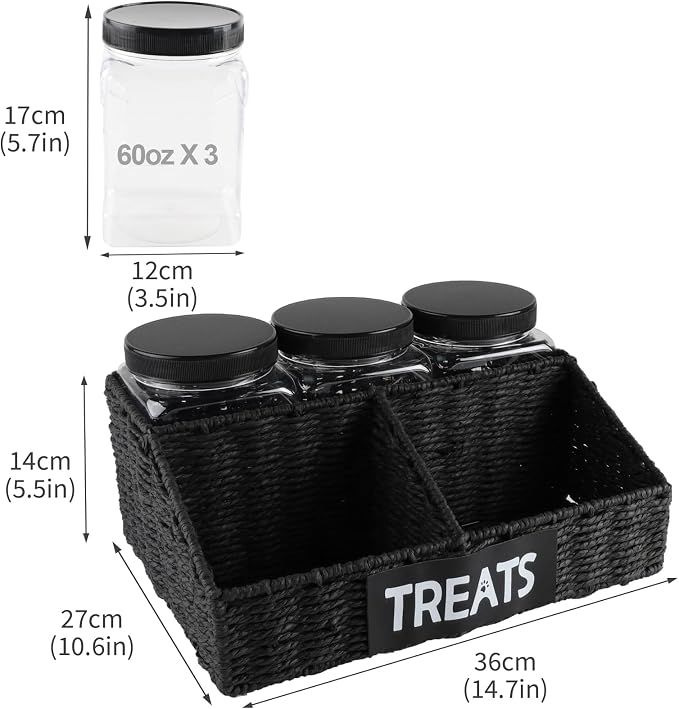 Trapezoidal Dog Treat Container Airtight,3-Compartments Dog Treat Organizer,Dog Treat Storage Countertop,Pet Caddy,Great Gift for Pet Dog Owners-Black Wicker Basket