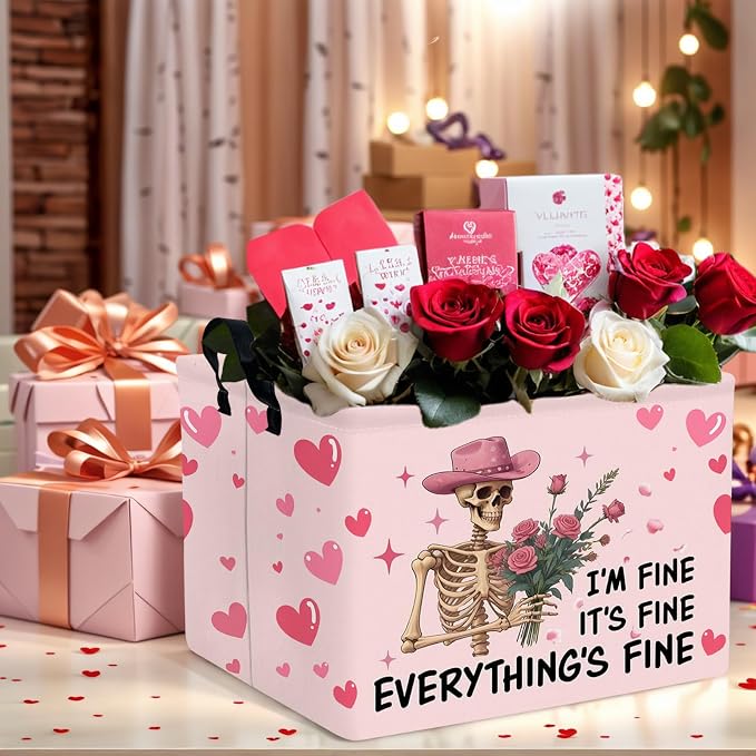 Valentine's Day Basket Gift for Empty Cute Heart Large Storage Bin for Kid and Baby Room Décor (Pink Rose Skull Heart)