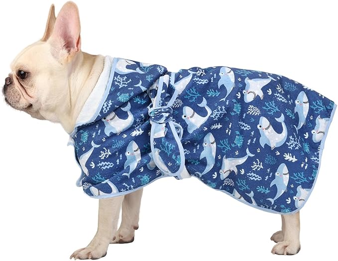 HDE Dog Bathrobe Super Absorbent Quick Drying Puppy Towel Wrap Coat Adjustable After Bath Robes with Hood for Dog Sizes S-XXL Sharks S