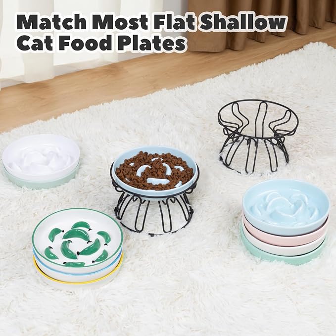 Raised Cat Bowl Stand Metal - Elevated Cat Food Dish Holder with Anti-Slip Sleeves - Lifted Feeding Station Anti Vomiting - 6.7" W x 3.9" H - Black (Bowl Not Included)