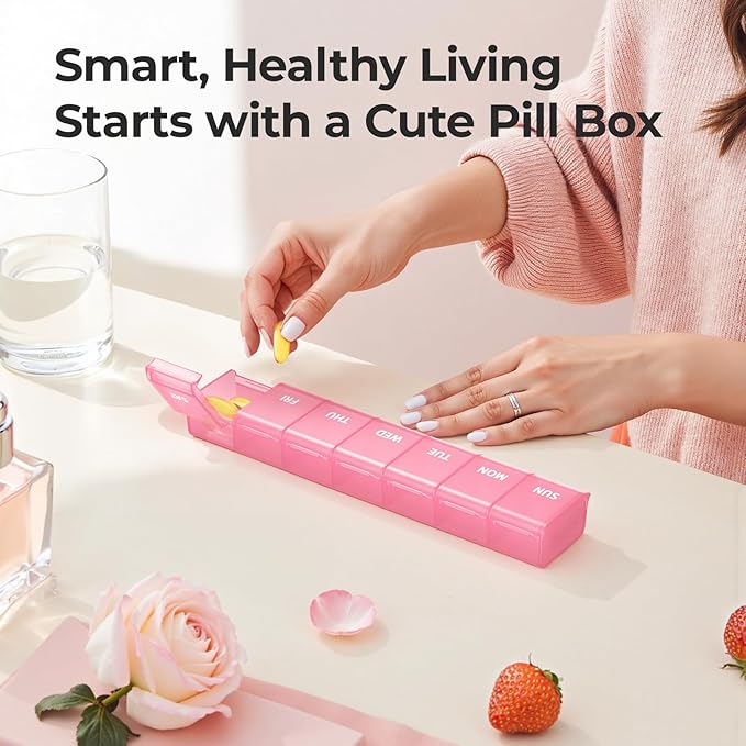 AUVON Weekly Pill Organizer with Effortless Opening Design, BPA-Free | Arthritis Friendly Pill Box, Cute Pill Organizer 7 Day, Portable Pill Case for Vitamins, Supplements and Medications, Pink