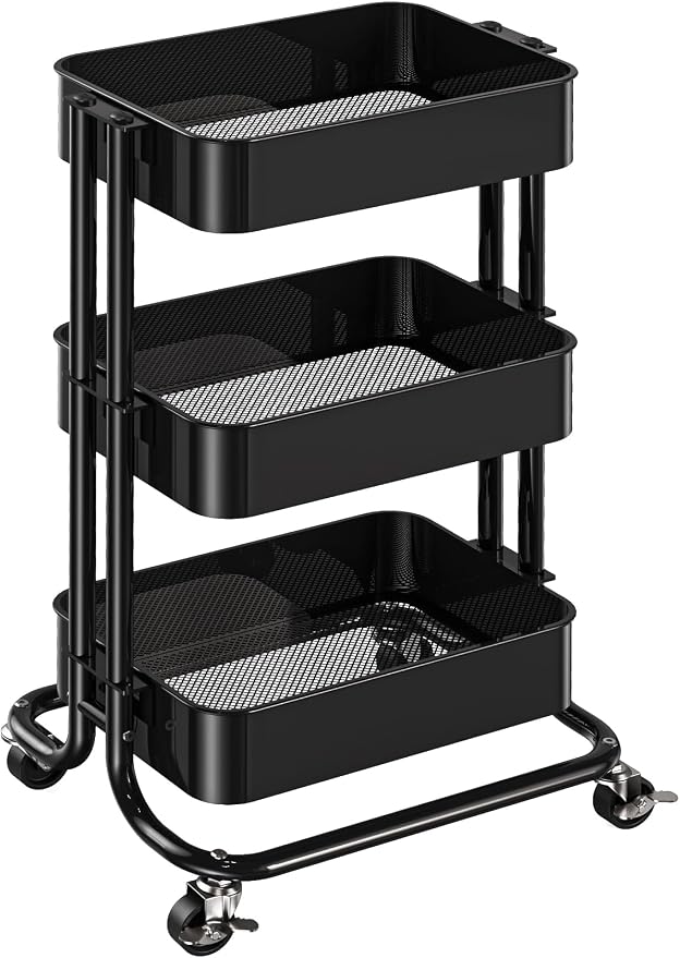 Pipishell 3 Tier Metal Rolling Utility Cart with 2 Lockable Wheels, Black | 360° Rotating Wheel, Heavy-Duty Steel, Sturdy Dual Columns, Ventilated Mesh, Hold 22 lbs per Shelf, for Kitchen & Dining Room