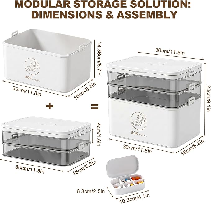 3-Tier Medicine Storage Organizer with Portable Pill Case, Portable First Aid Box with Removable Layers, Clear Medical Storage Container for Medicines, Vitamins & Emergency Supplies