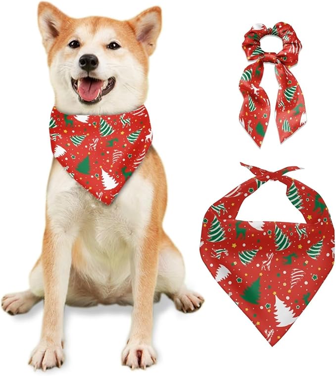 COEQINE Dog Bandanas Bulk Christmas Tree Cake Deer Pattern Red Bow Hair Tie for Women Cute Pet and Owner Matching Outfits for Holiday Festival Costume