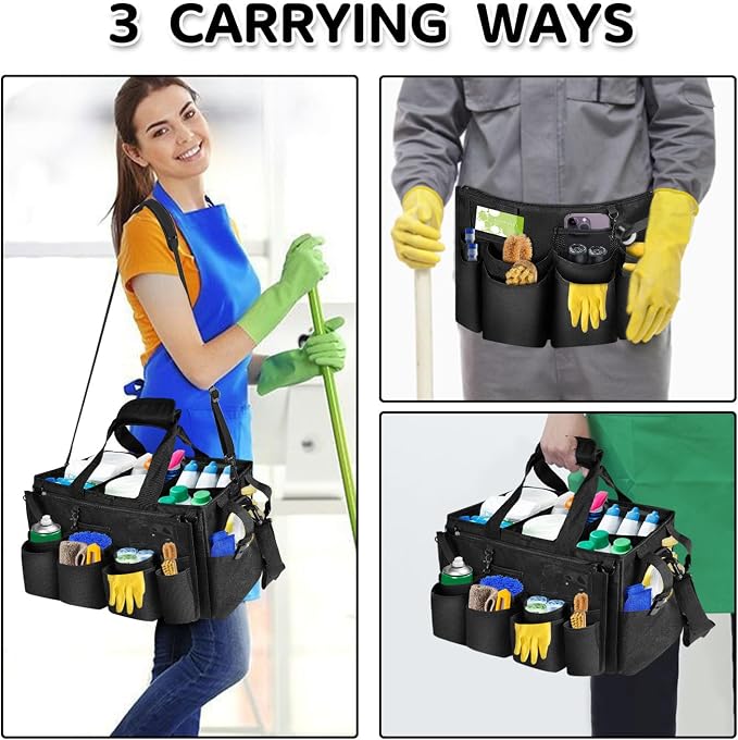 Boczif Cleaning Caddy Bag Wearable,Cleaning Caddy Supplies Organizer（Black） | with Handle, Shoulder Straps & Detachable Divide, Cleaning Tool Organizers Tote Bag for Cleaners & Housekeepers