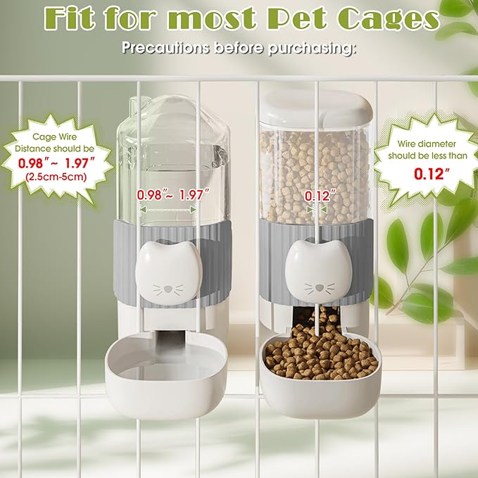 34oz Hanging Automatic Cat Food and Water Dispenser, 1L Auto Gravity Pet Feeder Set, Cage Cat Dog Feeder for Kitten Puppy Bunny Guinea Pig (Gray)