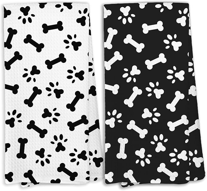 Dog Paws Kitchen Towels, Dog Mom Dad Lovers Gifts for Women Men Dish Towels for Kitchen, Black and White Dogs Bathroom Hand Towels Decorative Set of 2, Gifts for Pet Lover