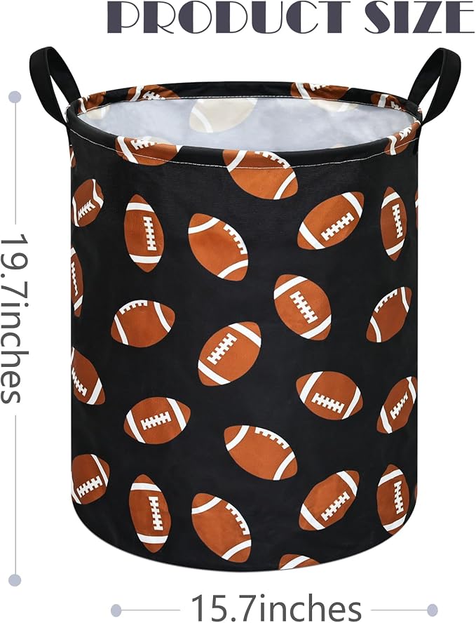 MAIZMZ Rugby Sport Print Storage Basket Kids Hamper, 15.7"D x19.7"H,Waterproof Lining, Leather Handles, Collapsible for Laundry, Sports Gear, Boys Gift