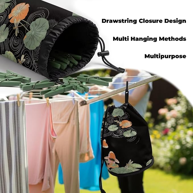 Clothespin Holder with Drawstring, Lotus Leaf Dragonfly Portable Laundry Peg Bag Organizer, Storage Pouch for Clips, Ideal for Drying Rack, Camping Trips, Dorm Room