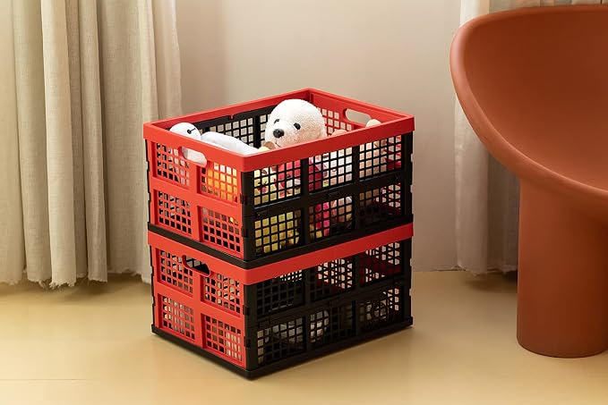 Eslite 34L Large Plastic Folding Storage Crates,Collapsible Crates for Storage,Pack of 3 (Black+Red)