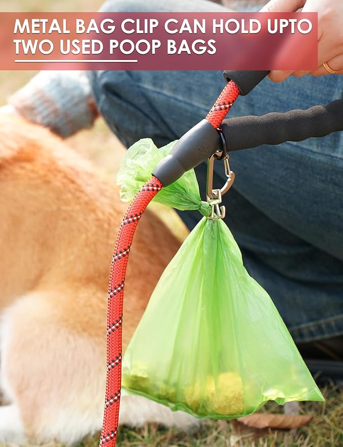 Gobeigo Dog Poop Bag Holder with Used Waste Bag Carrier(Red) | Large Opening for Easy Dispensing, Carabiner & Hook-and-Loop Strap Fits Any Leash, Includes 15 Unscented Waste Bags