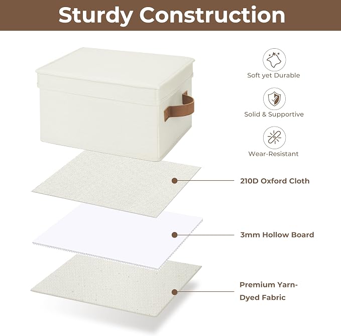 StorageWorks Fabric Storage Bins with Lids, Closet Storage Bins | Lidded Dust-proof, Easy Pull Handles, Foldable, Stackable, Ideal for Clothes Blanket Towel, Medium, Ivory, 3-Pack
