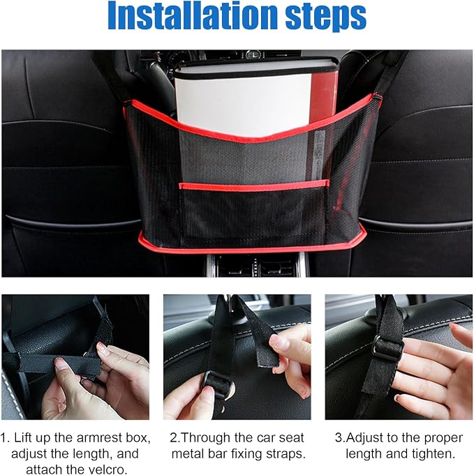 Ziciner Car Net Pocket Handbag Holder, Organizer Mesh Bag Between Two Seat, Driver Storage Netting Pouch for Handbag Purse, Barrier of Backseat Pet Kids, Car Accessories for Women Men (Black&Red)