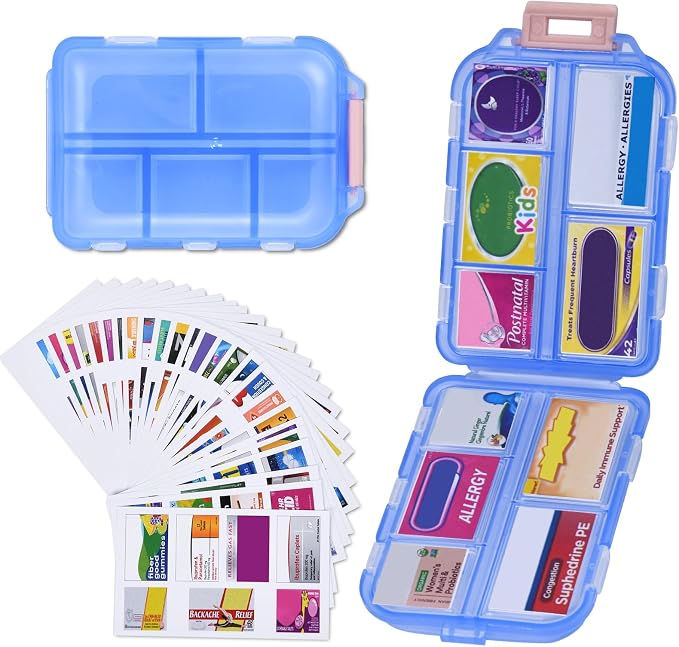 Travel Pill Organizer with 189 Medicine Labels, 10 Compartments Small Pill Case Compact and Portable Travel Pill Box for Airplane Car Purse Nurse Vacation Essentials (Blue, 1 Pack)