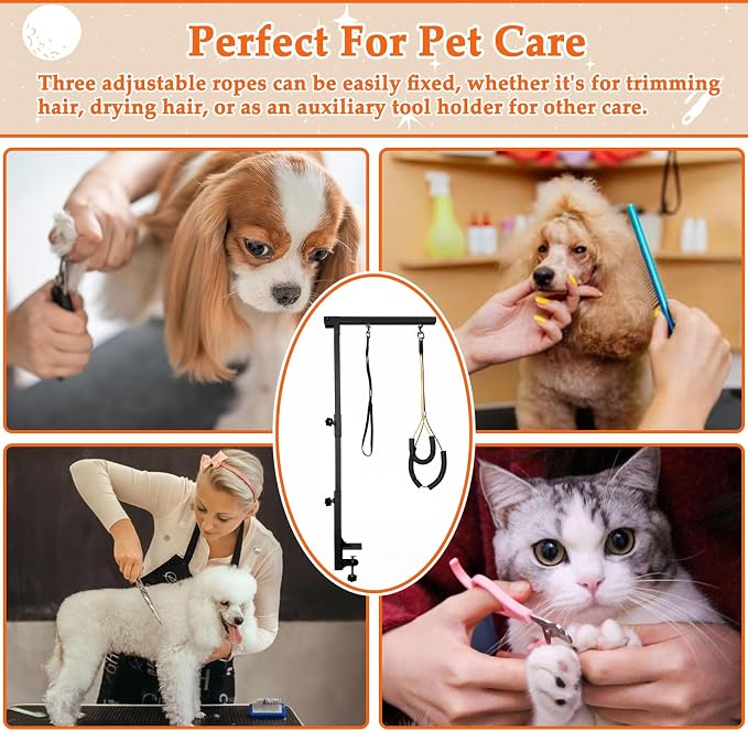 Dog Grooming Arm with Pet Grooming Hammock, 36” Dog Grooming Table Arm Height Adjustable Two No Sit Haunch Holder Three Section Design Suitable for Medium, Small Dogs, and Cats