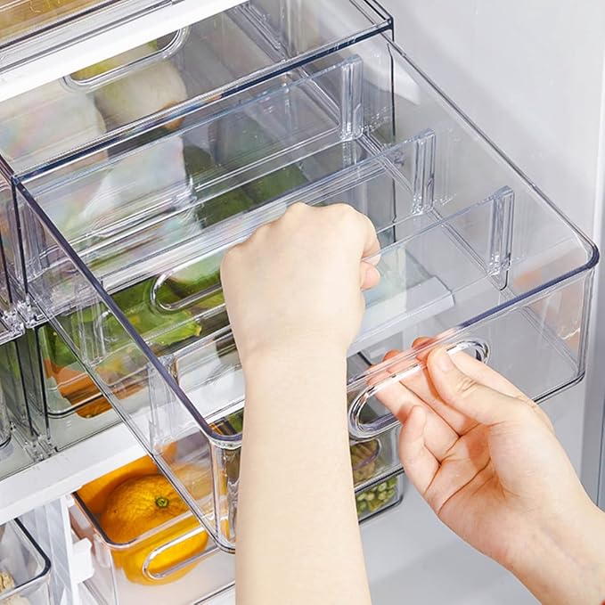 2Pack Stackable Fridge Drawers Pull-Out Bins Divided Produce Saver Containers for Refrigerator Storage Organizers for Veggie Fruit Berry Pantry Cabinet Makeup Clothes