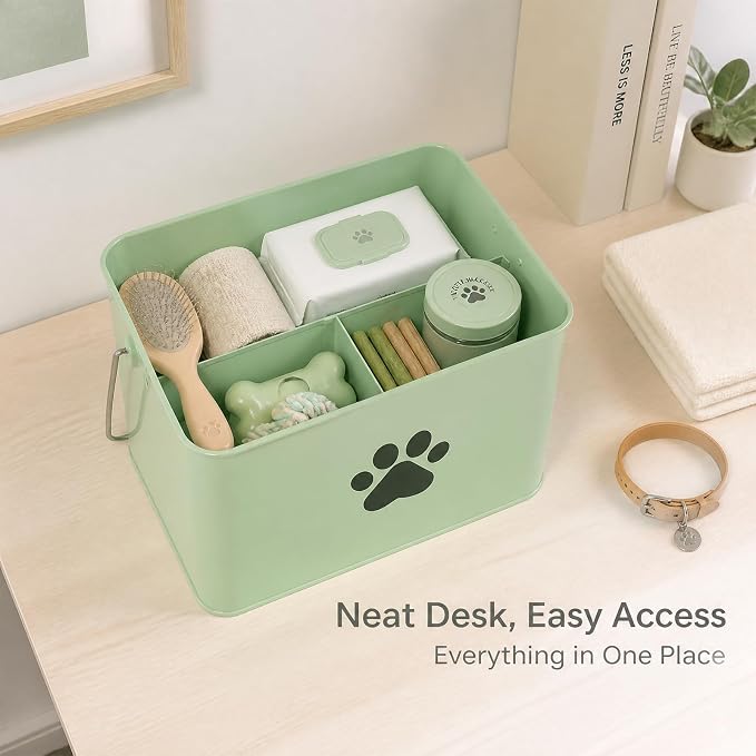 Pethiy Dog Grooming Bag Organizer Basket, Metal Dog Grooming Caddy-Green | Grooming Caddy with Carry Handle, Portable Pet Storage Bin for Bath Supplies, Grooming Tools,Waste Bags,Outdoor Pet Care