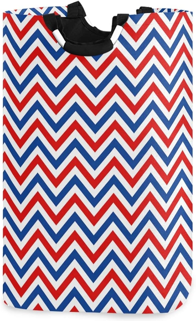 visesunny Blue and Red Wavy Stripe Large Laundry Hamper with Handle Foldable Durable Clothes Hamper Laundry Bag Toy Bin for Bathroom, Bedroom, Dorm, Travel