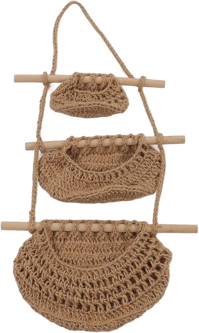 Handcrafted 3-Tier Hanging Wall Basket Made of Hemp Rope and Wood, Rustic Wall-Mounted Fruit and Plush Doll Organizer