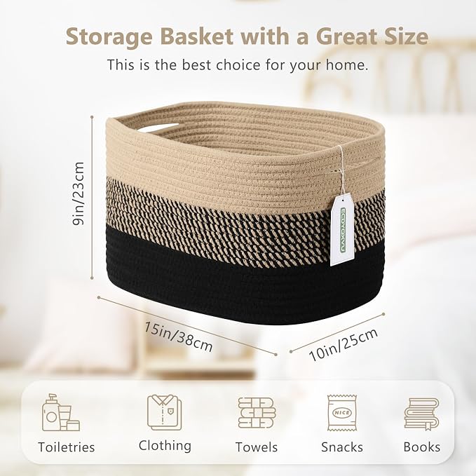ECDYQXVU 15x10x9 Inch Woven Cotton Rope Storage Basket, 3 Pack | Foldable Design, Built-in Handles, Space-saving Organizer for Living Room, Bedroom, Laundry, Shelves, Clothes, Towels