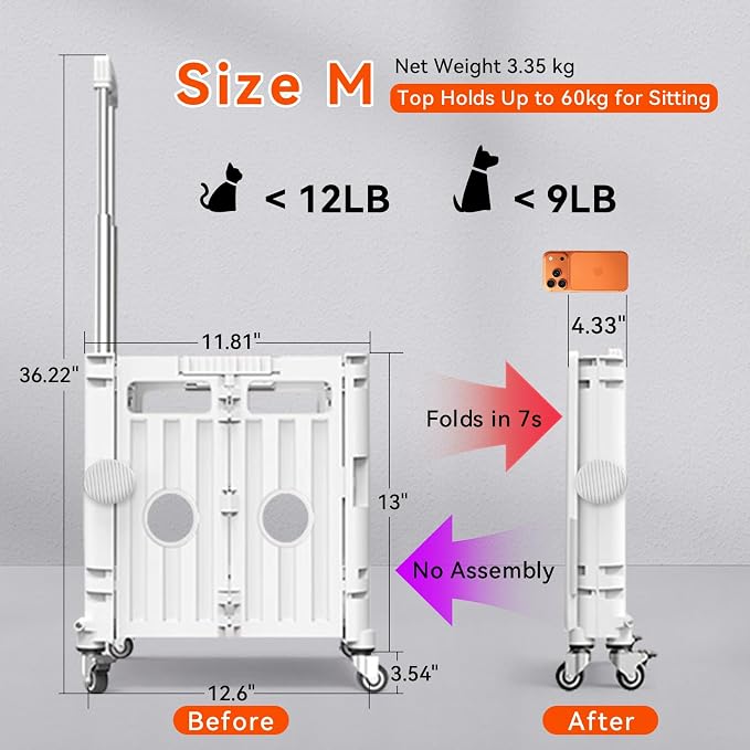 Collapsible Cat & Small Dog Carrier with Wheels Trolley Crate (White, M) | Lightweight waterproof portable foldable stroller for kittens and puppies, Airport trips, Vet visits, Rroad travel
