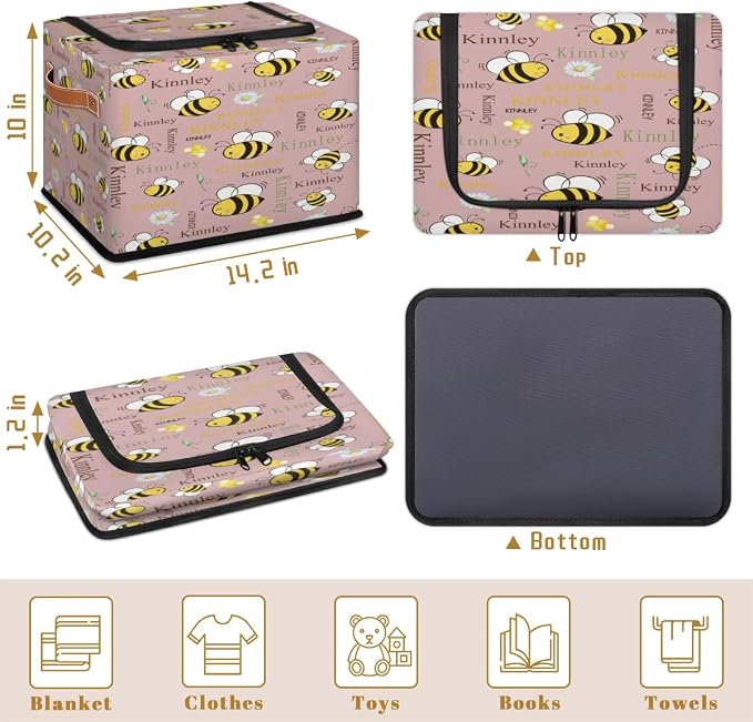 Custom Rectangle Storage Basket Zipper Lid, Personalized Name Organizer Bin for Pet/Children Toys, Books, Clothes, Perfect for Rooms/Playroom, Cartoon Bee with Daisy Floral Grey Pink