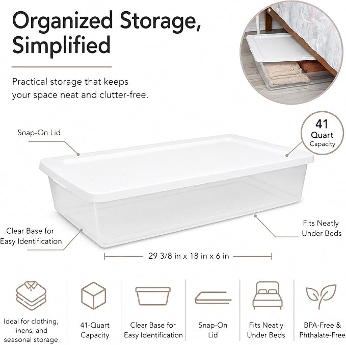 41 Quart Medium Storage Bin, Clear Plastic Underbed Storage (1-Pack) | Clear Body For Visibility, Low Profile Design, Container with Snap-On Lid, , Stackable, Underbed Fit, White