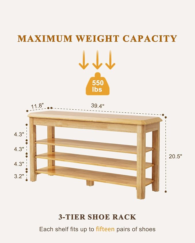 IUNVR Shoe Rack Bench Seat Rubberwood 3-Tier Wooden Storage Bench 550lbs Compact Mid-Century Modern Design for Entryway, Hallway, Closet, Front Door Entrance, Foyer