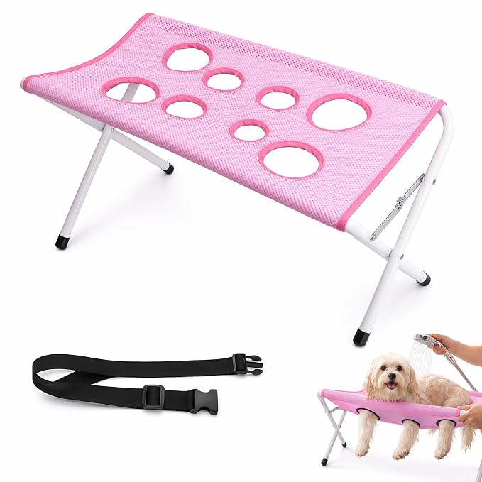 2027 New Portable Foldable Pet Shower Holder, Dog Shower Chair (Pink) | Pet Shower Grooming Hammock with Sling, Breathable Mesh Fabric, Foldable Portable for Grooming, Nail Trimming & Bathing