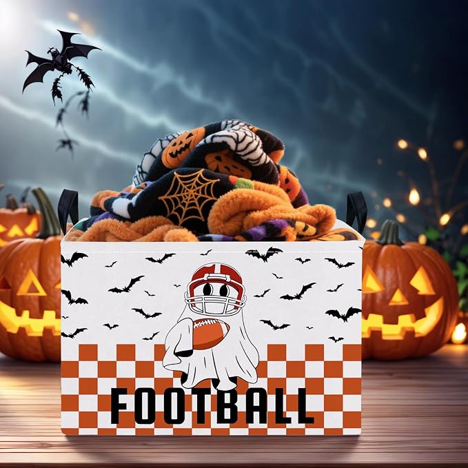 Halloween Basket Gift Cute Ghost Parties Decor Kid Trick or Treat Basket for Boys and Girls Rectangular Storage Bin Box (Football Bat)