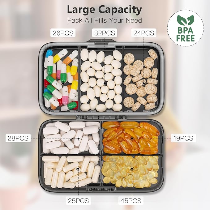 FYY Travel Pill Organizer, Large Weekly Medicine Pill Organizer-Black | Airtight Moistureproof Medicine Case, Easy to Use, 8 Compartment Pill Box for Vitamins, Fish Oil, Supplements,Mini First Aid