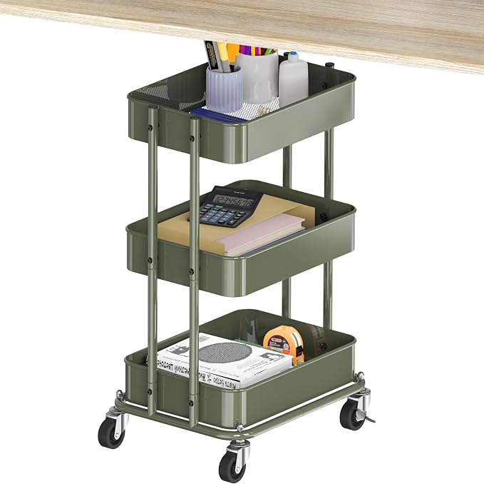 Simple Houseware 3-Tier Utility Cart, Low 24" Height Fits Under Desk, Green | Compact & Lower Height Great for Under-Desk Space-Saving Storage for Home Office, Dining Room, or Kitchen