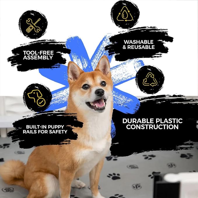 EZclassic Dog Whelping Box - Washable Pee Pad, Large 48"x48"x18" | Dog whelping box for large dogs features safety rails and liner with black pawprint design for easy cleaning and comfort