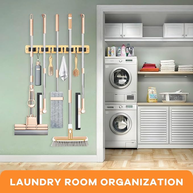 IMILLET Broom Holder Wall Mount, Rustic Broom Hanger for Laundry Room | Broom and Mop Organization and Storage, Mop Holder for Home Decor,Garden,Garage,Closet,5 Racks and 4 Hooks