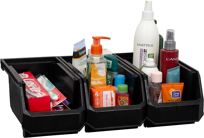 Medium Stackable Plastic Storage Bins, 8-Pack, Black | Open-Front Stackable Bins For Garage, Pantry, Closet & Office, 11"L X 5,5"W X 5"H, Nests When Empty, Durable Plastic,