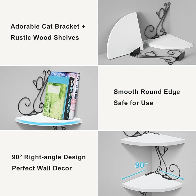 Alsonerbay 4-Tier Cat Shaped Corner Floating Shelf Wall Mount, White | Curved solid wood, 35.2 lbs total capacity, reinforced metal bracket, rustic decor, for bedroom, living room & kitchen