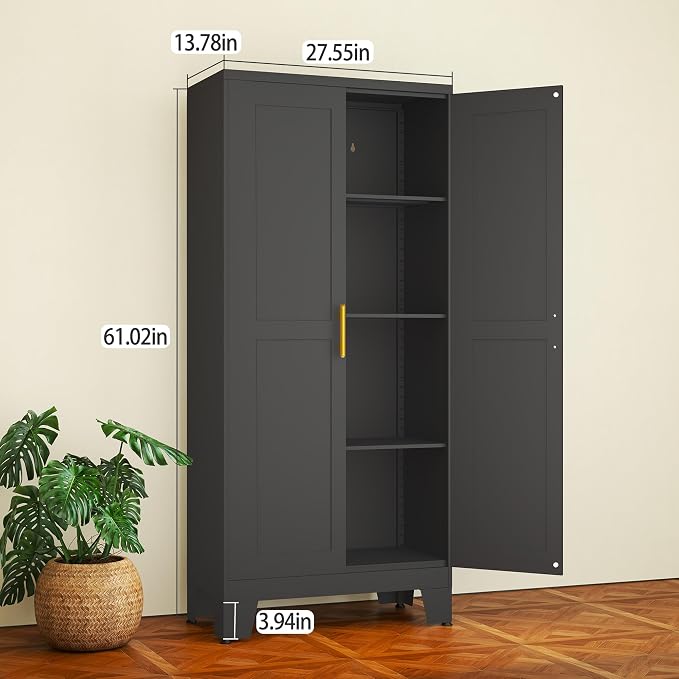 Black Metal Storage Cabinet, 61" Kitchen Pantry Cabinets for Office | Steel Kitchen Pantry Storage with Doors and 3 Adjustable Shelves, Metal Tool Cabinet, for Office, Home, Garage, School