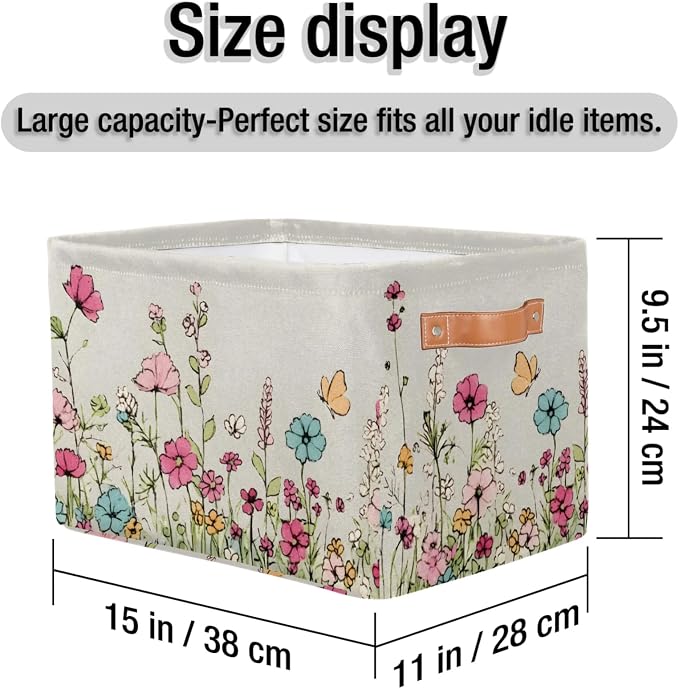 Rectangle Storage Baskets for Organizing - Foldable Storage Bin Cubes with Handles, Large Organizer Bins Boxes Toy Closet Shelf Nursery Laundry Basket, 1 Pcs(Wildflowers Floral)
