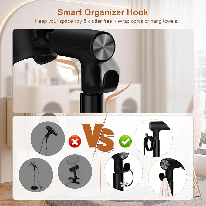 Mistriddle Hands Free Hair Dryer Holder Floor Stand, 17.2-51" Adjustable | For Home, Salon & Pet Grooming, Universal TPU Clip, Stable Aluminum Base with Organizer Hook (Black)